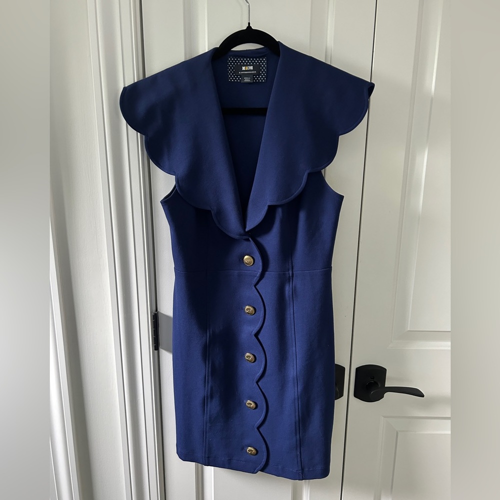 Anthropologie Maeve Scalloped Buttondown Dress-Navy Ink